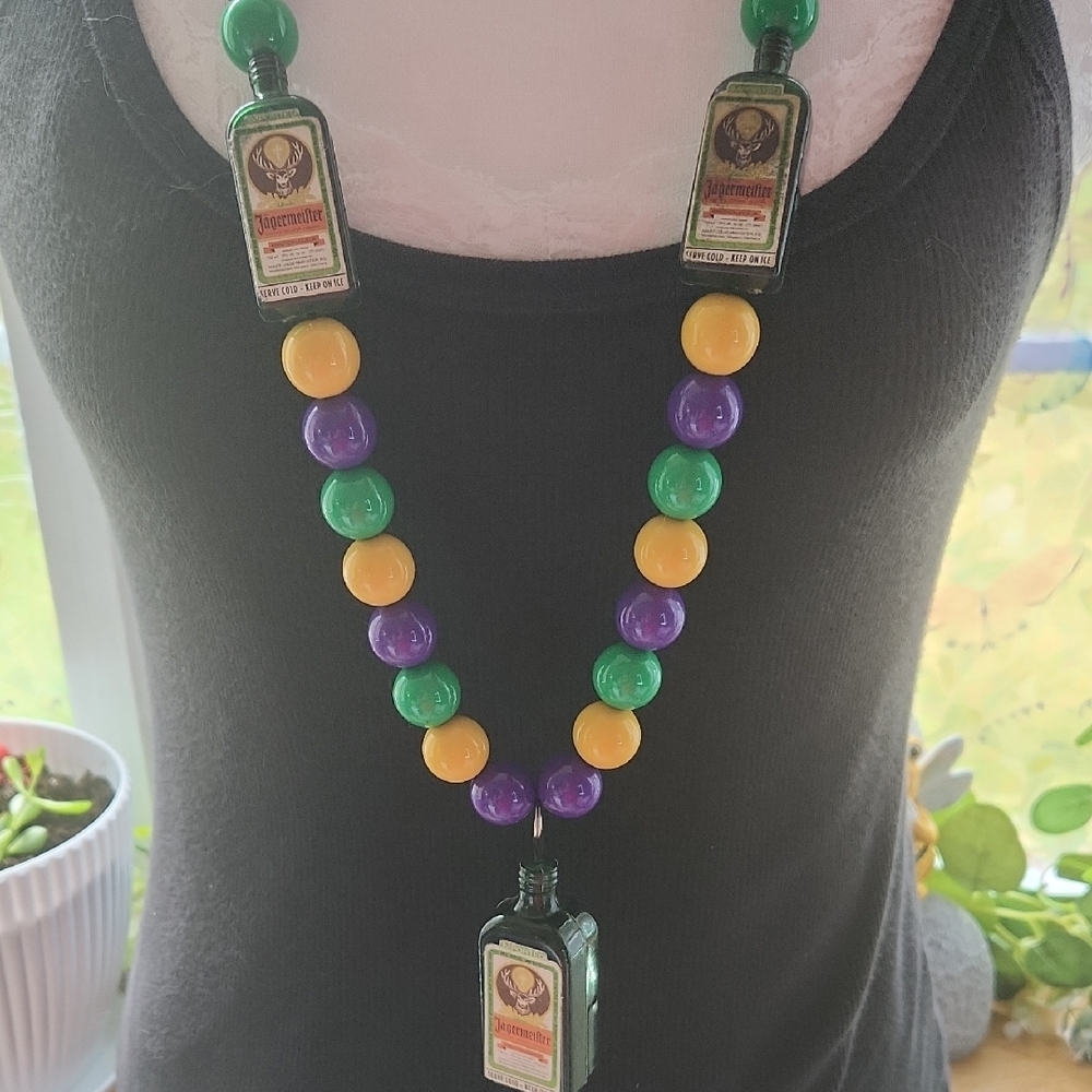Jagermeister Green and Purple Beaded Necklace with Rectangular Pendants